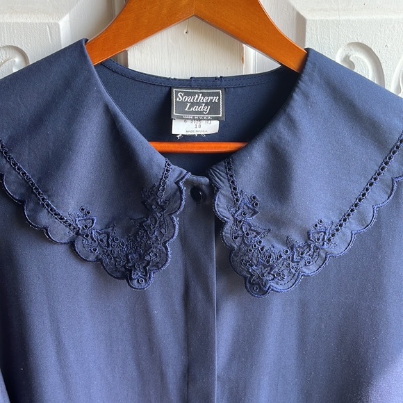 Southern Lady Tops - Southern Lady Vintage Scalloped Embroidered Collar Long Sleeve Blouse, Navy | 18